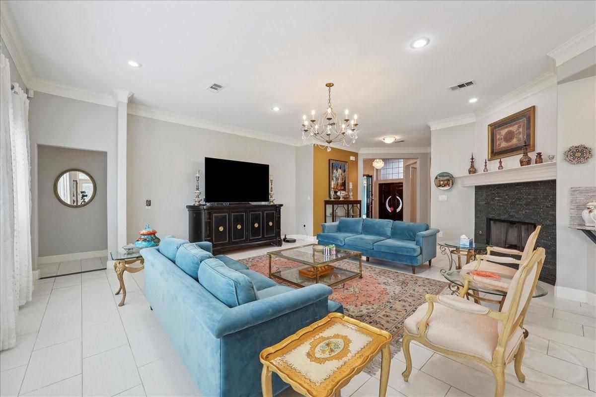 Chandelier, Fireplace, Interior, Living room, Recessed Lighting