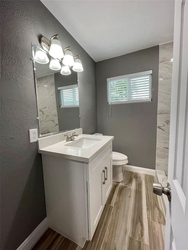 Bathroom, Interior, Marble Walls, Wood Texture Flooring