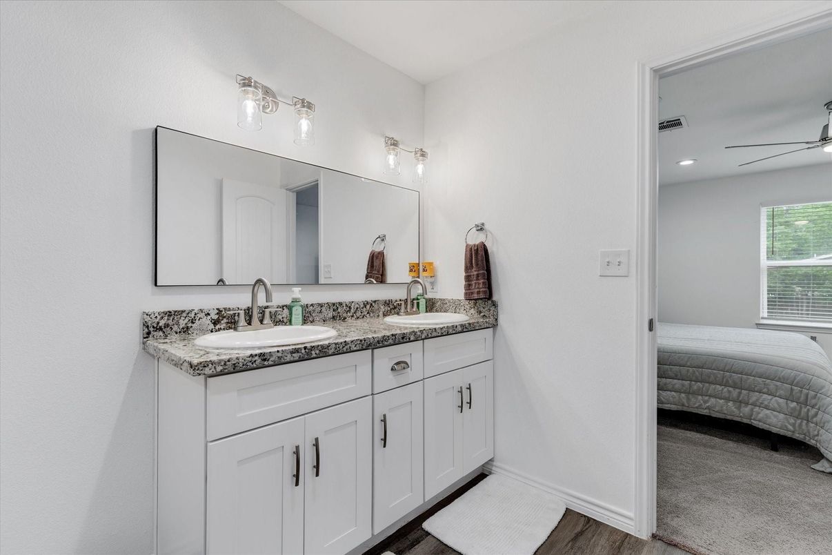 Bathroom, Bedroom, Dual Sink Vanities, Interior, Recessed Lighting, Wood Texture Flooring