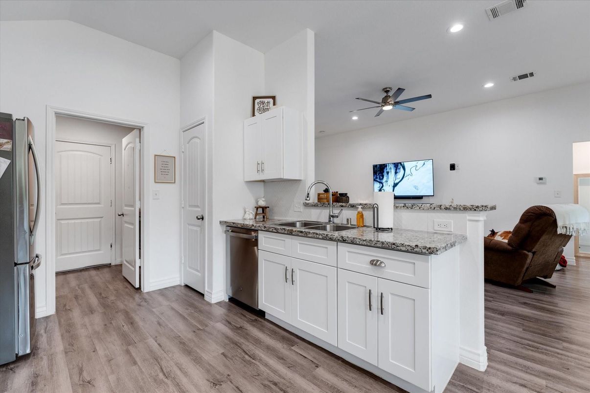 Interior, Kitchen, Recessed Lighting, Wood Texture Flooring