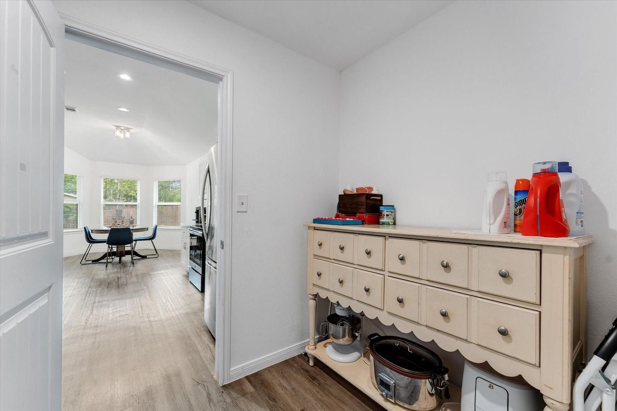 Dining room, Interior, Recessed Lighting, Wood Texture Flooring