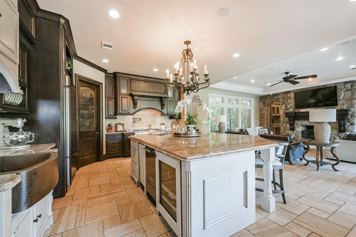 Chandelier, Fireplace, Interior, Kitchen, Recessed Lighting, Stone Walls