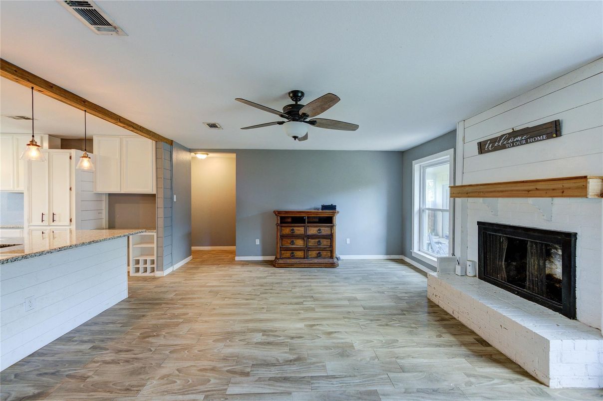 Fireplace, Interior, Pendant Lights, Wood Texture Flooring