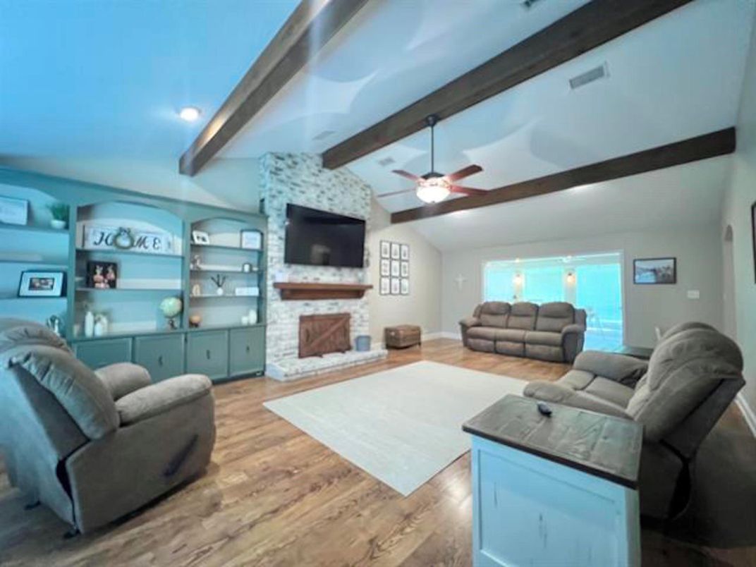 Fireplace, Interior, Living room, Recessed Lighting, Stone Walls, Wooden Beams, Wood Texture Flooring
