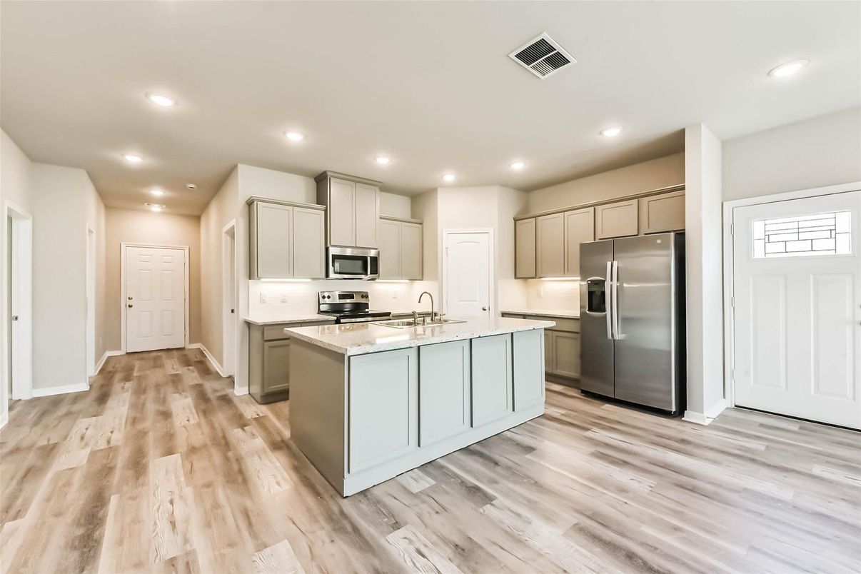 Interior, Kitchen, Recessed Lighting, Stainless Steel Appliances, Wood Texture Flooring
