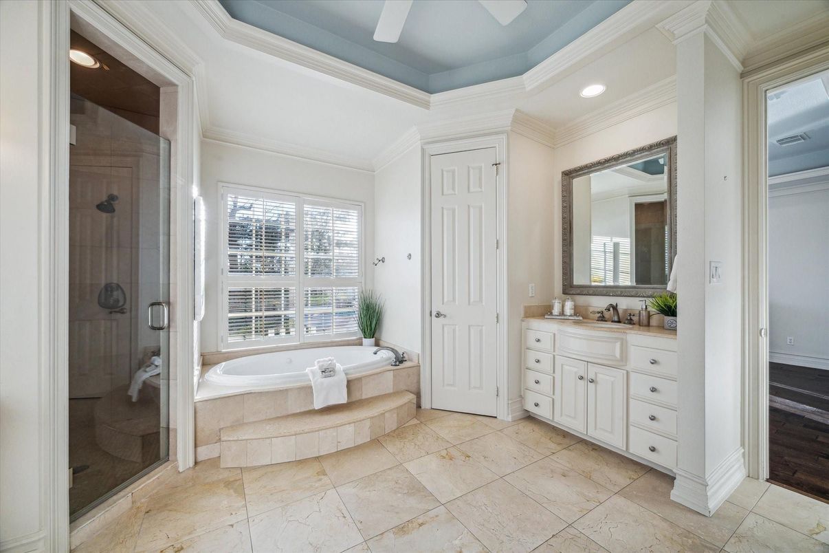 Bathroom, Glass Shower, Interior, Recessed Lighting, Wood Texture Flooring