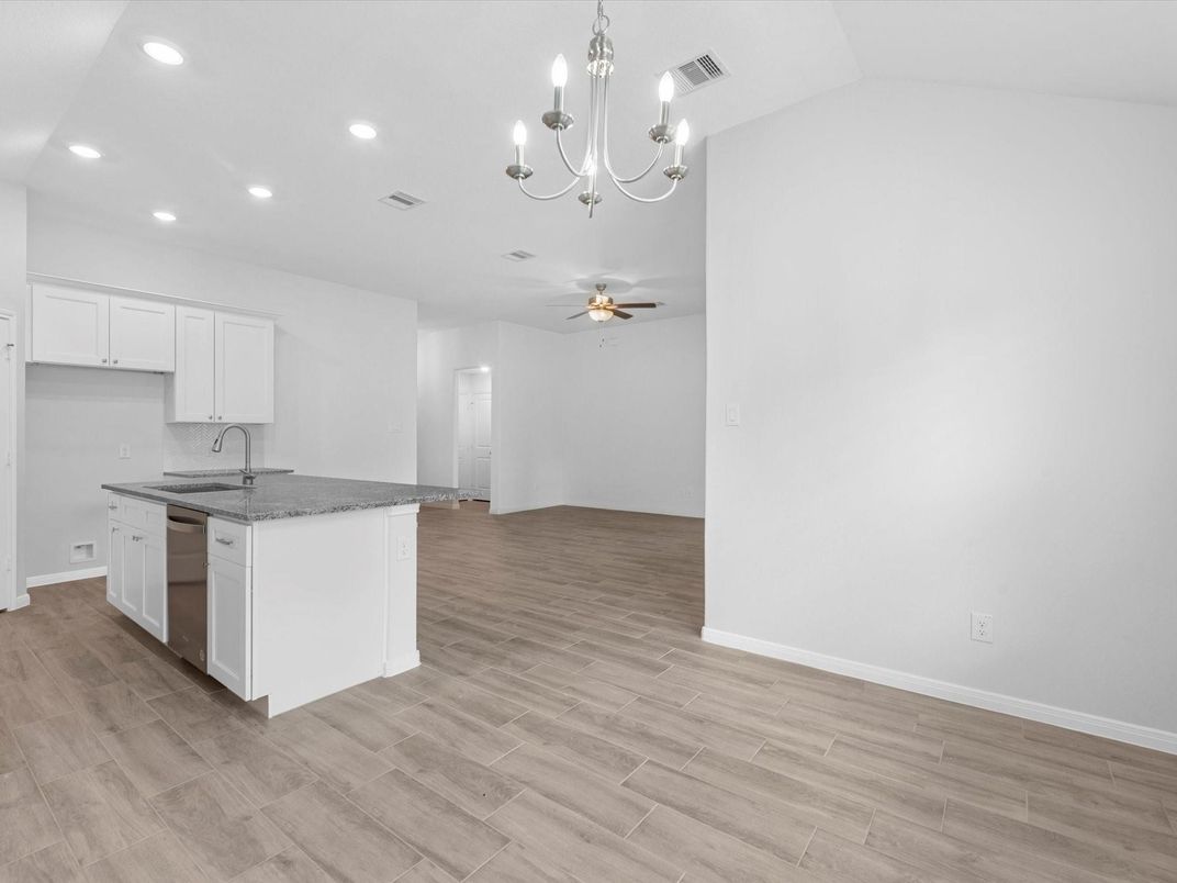 Chandelier, Empty room, Interior, Kitchen, Recessed Lighting, Wood Texture Flooring