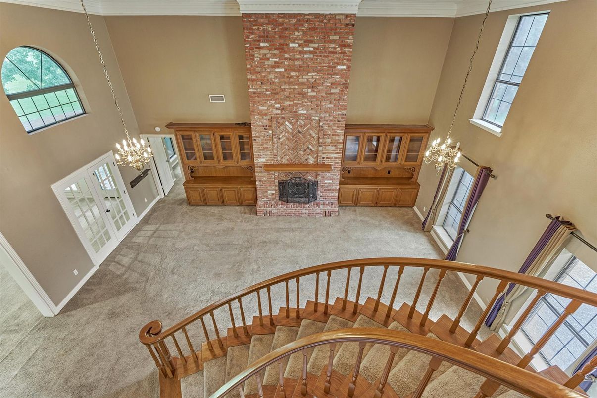 Chandelier, Fireplace, Interior, Pendant Lights, Stone Walls