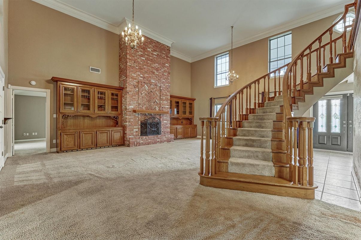 Chandelier, Fireplace, Interior