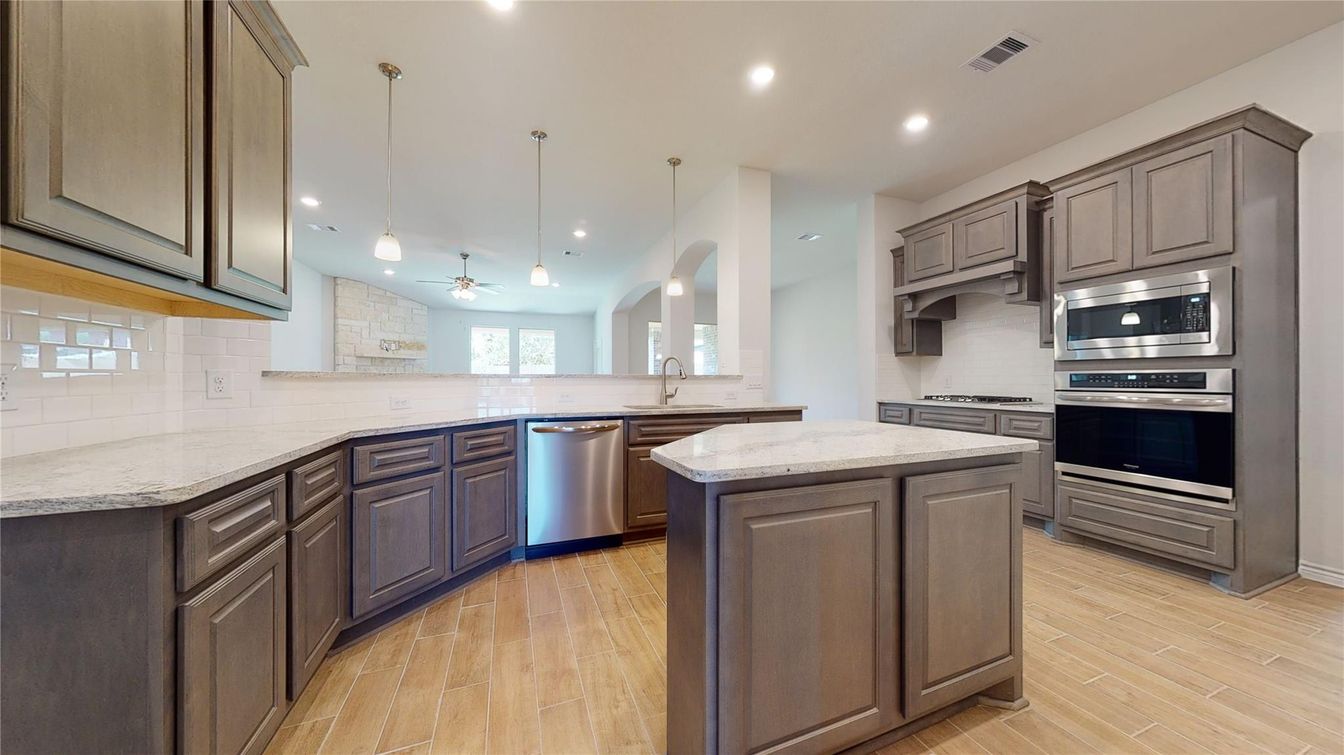 Interior, Kitchen, Pendant Lights, Recessed Lighting, Stainless Steel Appliances, Wood Texture Flooring
