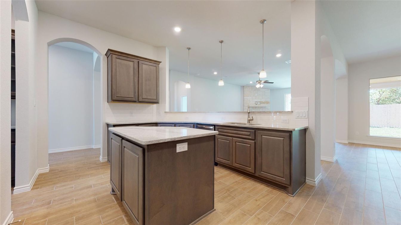 Interior, Kitchen, Pendant Lights, Recessed Lighting, Wood Texture Flooring