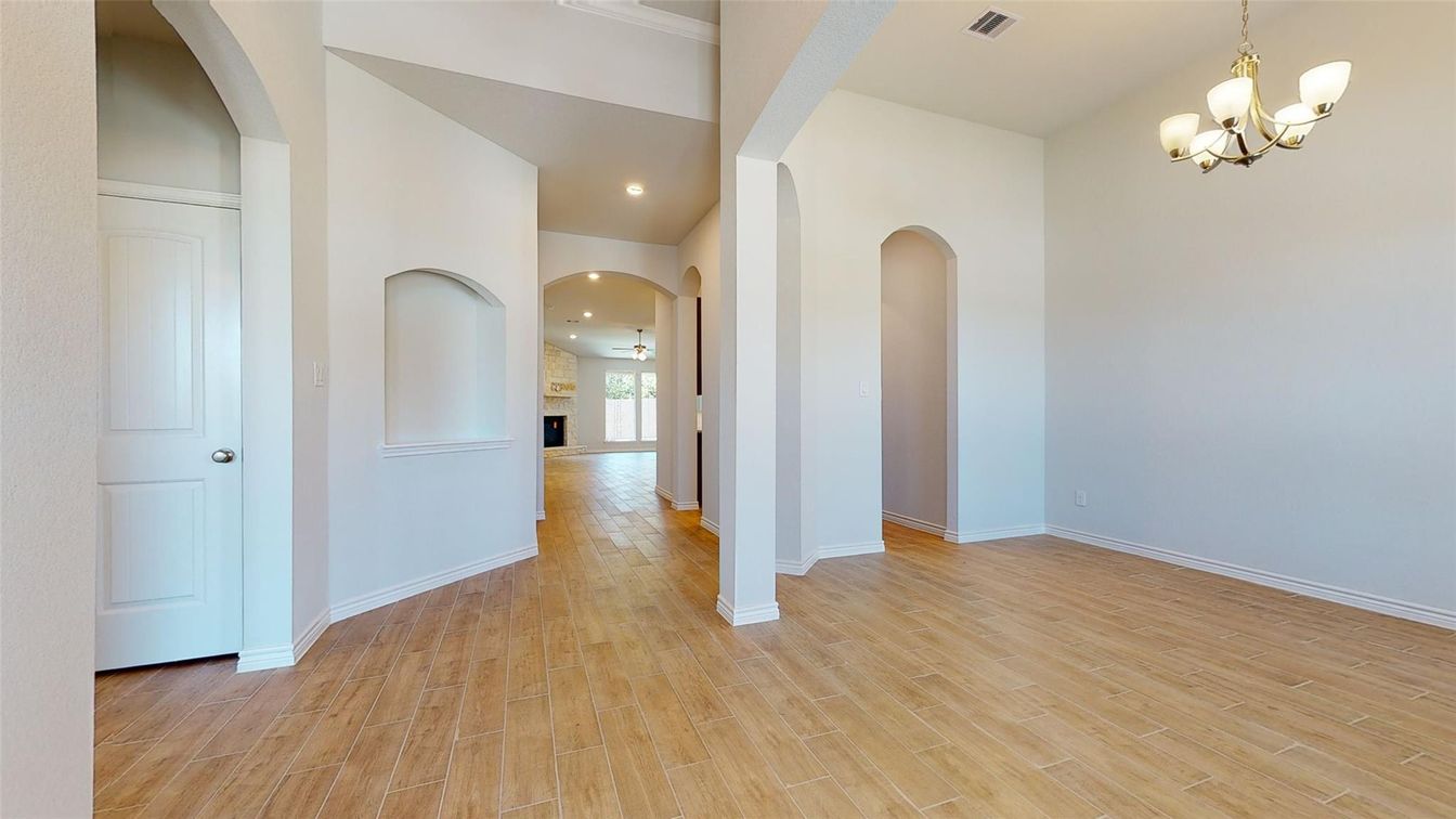 Chandelier, Empty room, Interior, Recessed Lighting, Wood Texture Flooring