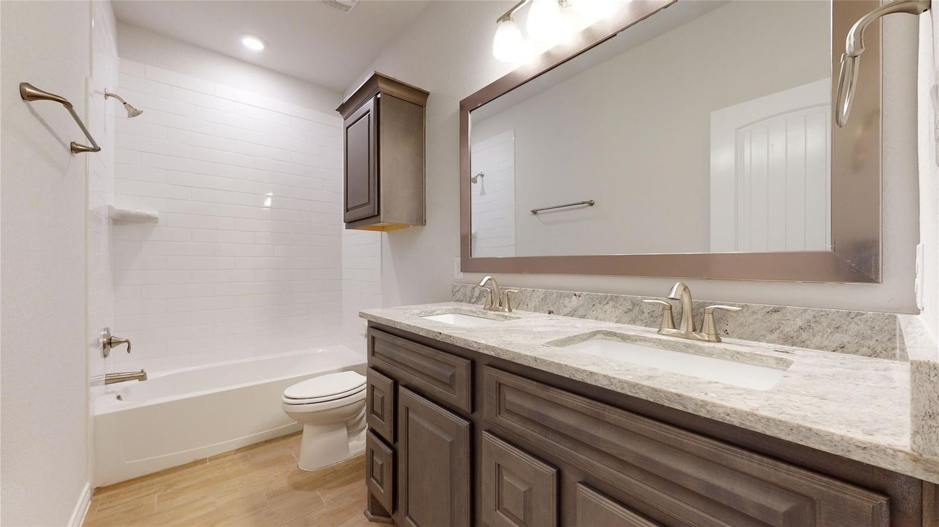 Bathroom, Dual Sink Vanities, Interior, Recessed Lighting, Wood Texture Flooring
