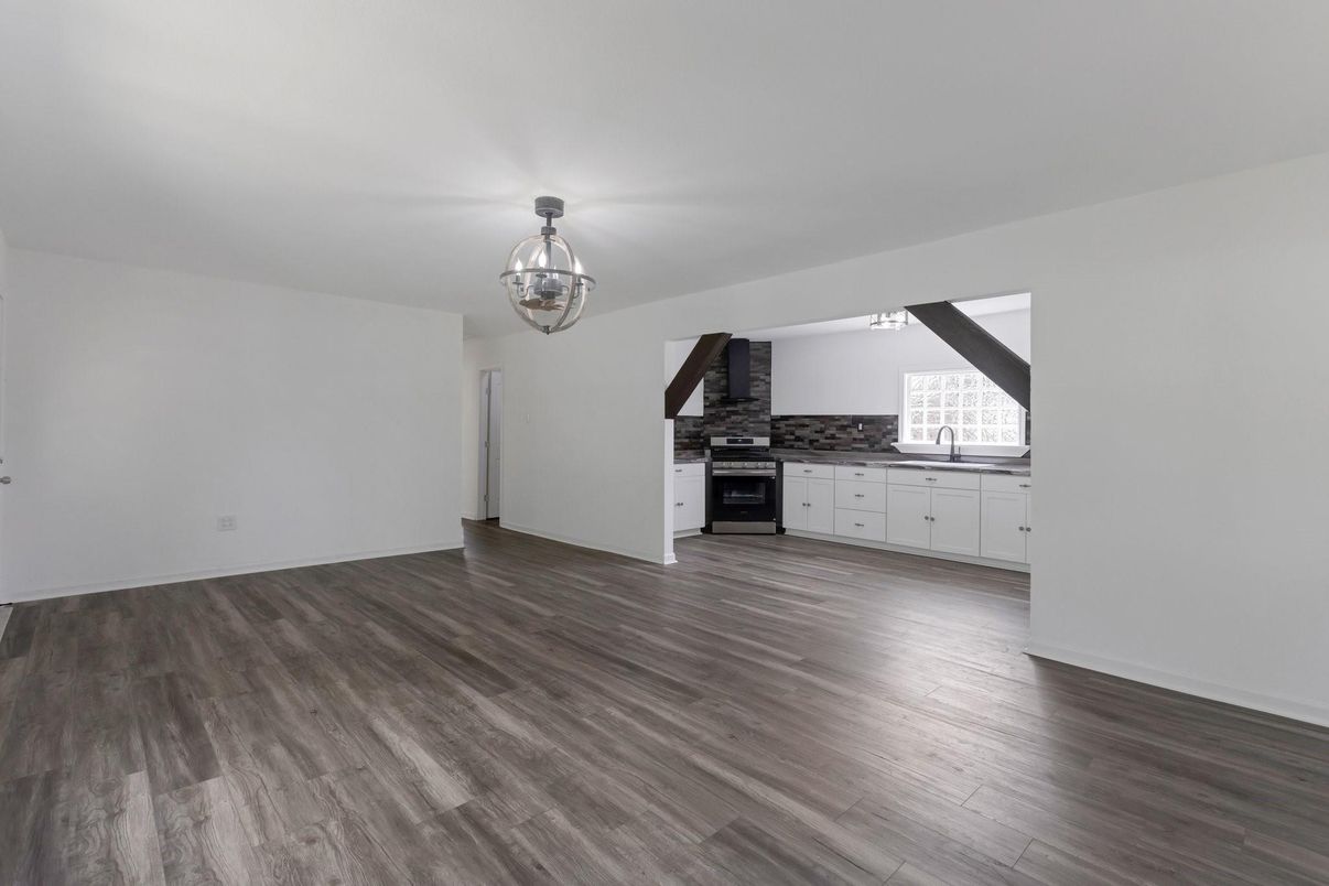 Chandelier, Empty room, Interior, Kitchen, Wood Texture Flooring