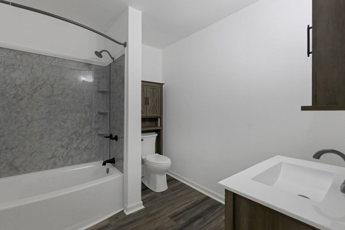 Bathroom, Interior, Marble Walls, Wood Texture Flooring