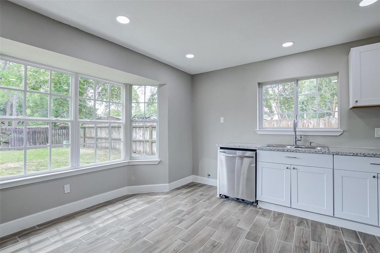 Interior, Kitchen, Recessed Lighting, Stainless Steel Appliances, Wood Texture Flooring