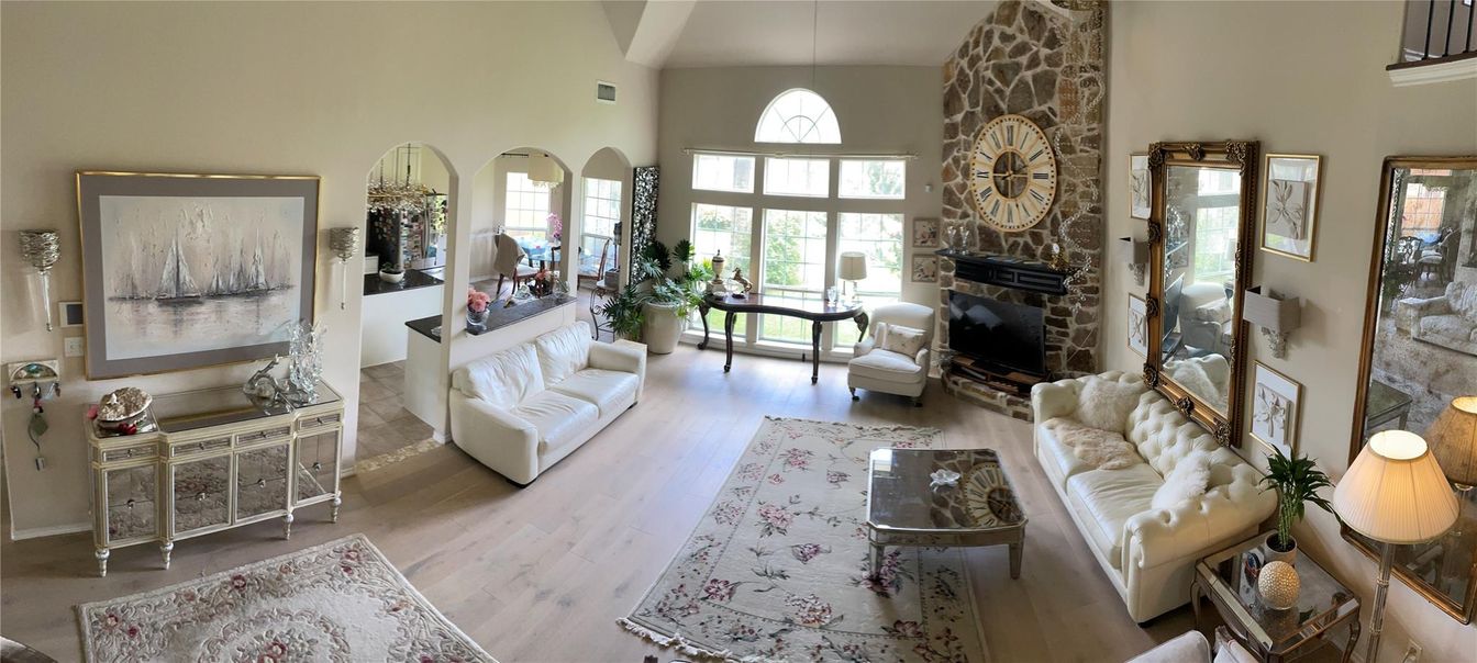 Fireplace, Interior, Living room, Pendant Lights, Wood Texture Flooring