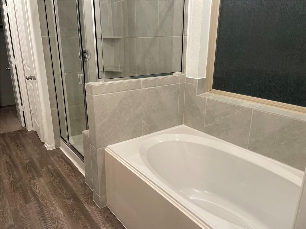 Bathroom, Glass Shower, Interior, Wood Texture Flooring