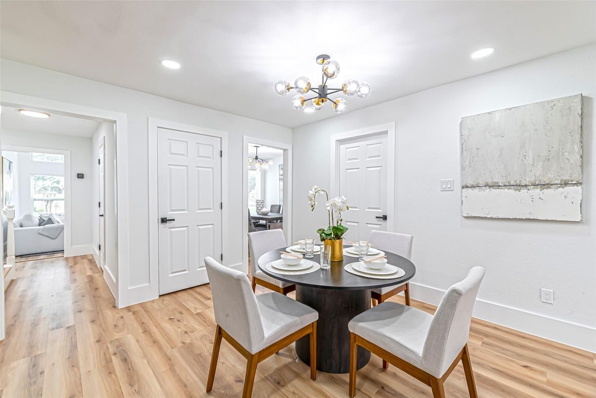 Dining room, Interior, Pendant Lights, Recessed Lighting, Wood Texture Flooring