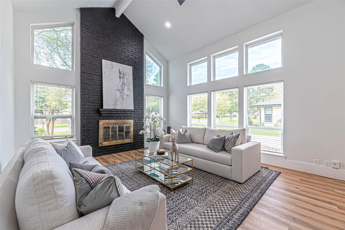 Fireplace, Interior, Living room, Recessed Lighting, Wood Texture Flooring