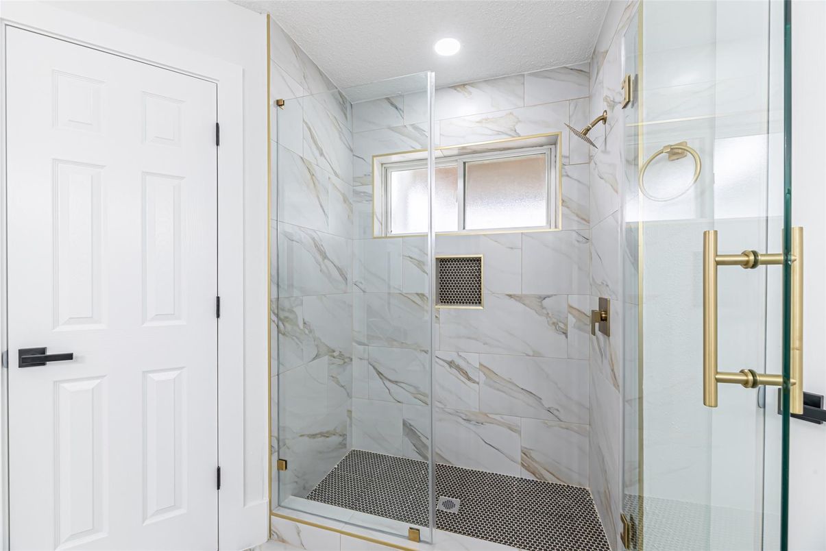 Bathroom, Glass Shower, Interior, Marble Walls, Recessed Lighting