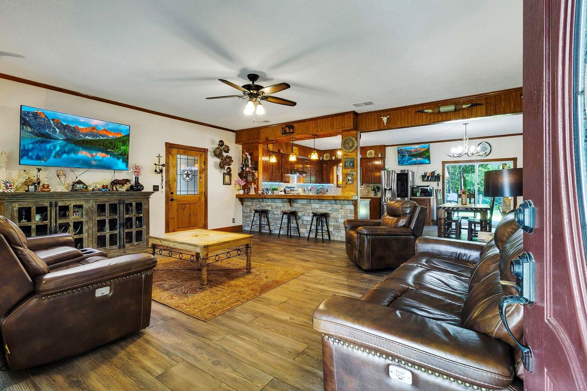 Dining room, Interior, Living room, Pendant Lights, Wood Texture Flooring
