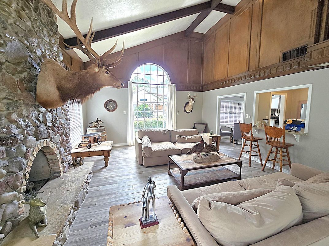 Fireplace, Interior, Living room, Stone Walls, Wood Texture Flooring