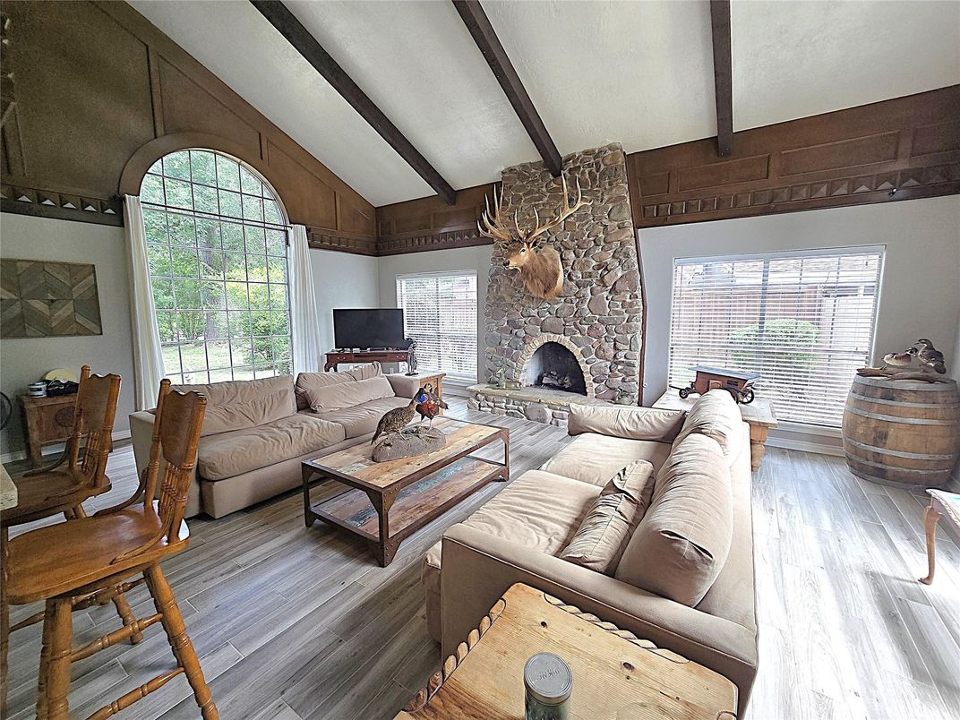 Fireplace, Interior, Living room, Stone Walls, Wood Texture Flooring