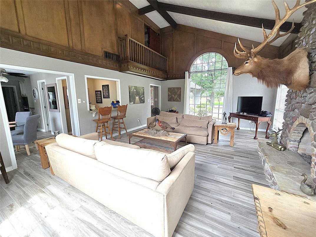 Dining room, Fireplace, Interior, Living room, Wood Texture Flooring