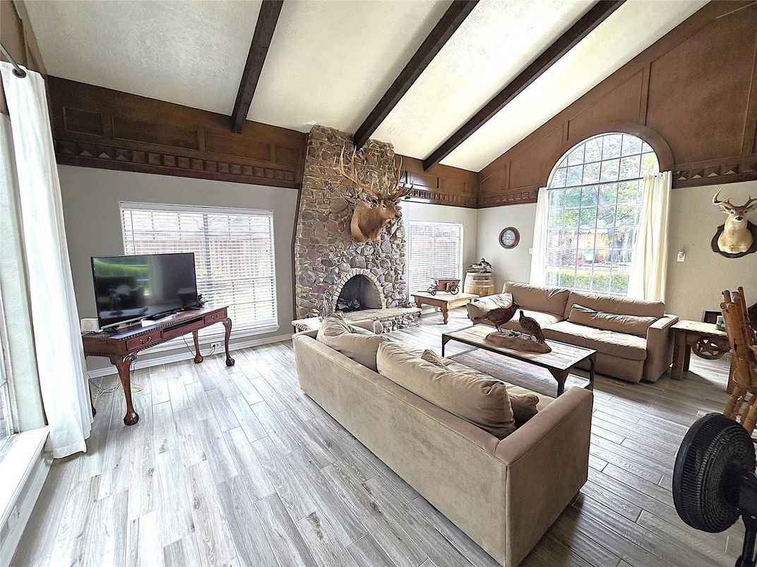 Fireplace, Interior, Living room, Stone Walls, Wooden Beams, Wood Texture Flooring
