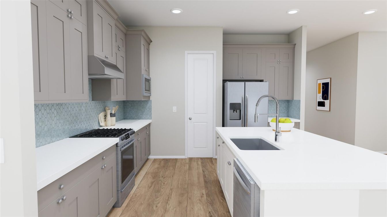 Interior, Kitchen, Recessed Lighting, Stainless Steel Appliances, Wood Texture Flooring