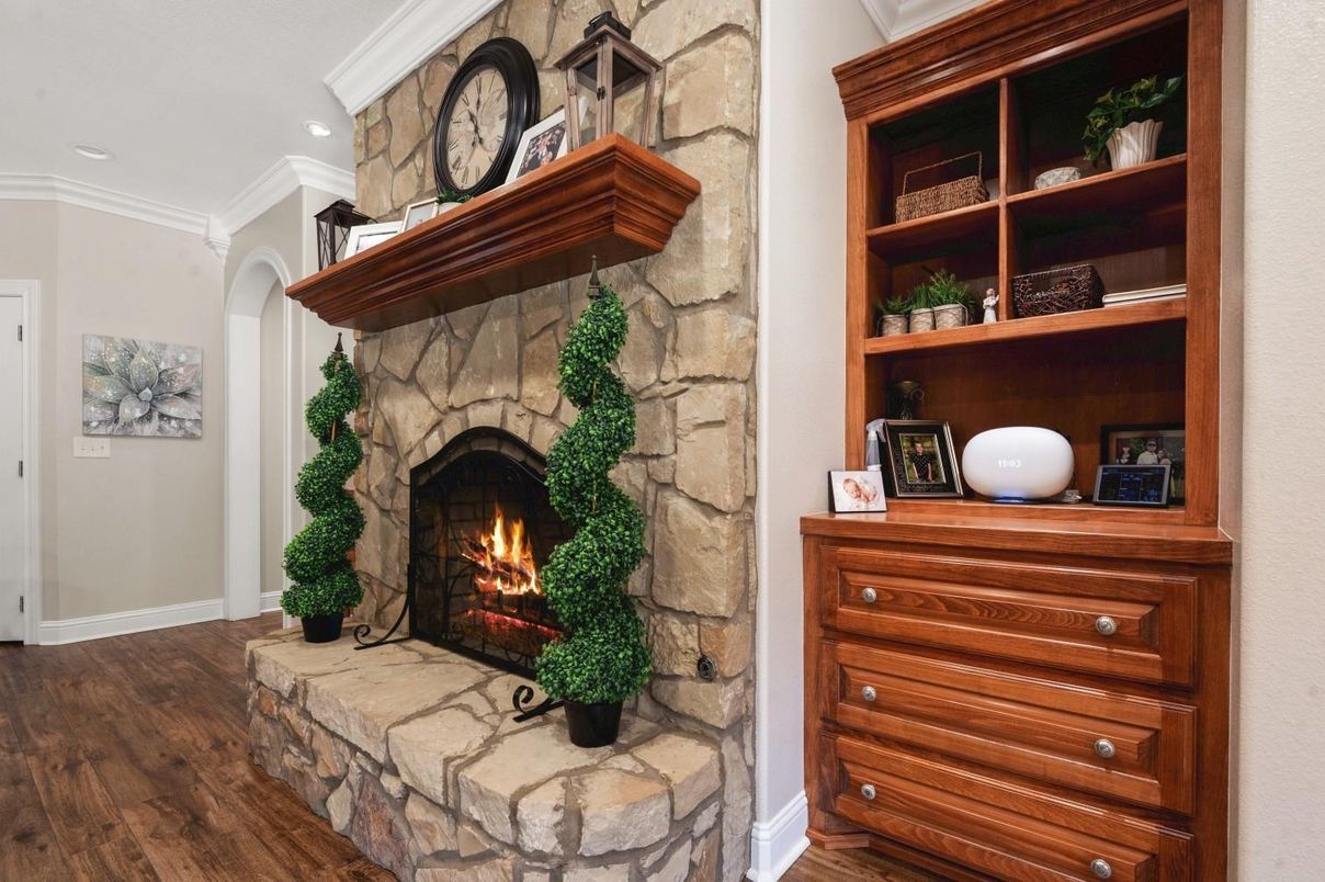 Fireplace, Interior, Recessed Lighting, Wood Texture Flooring