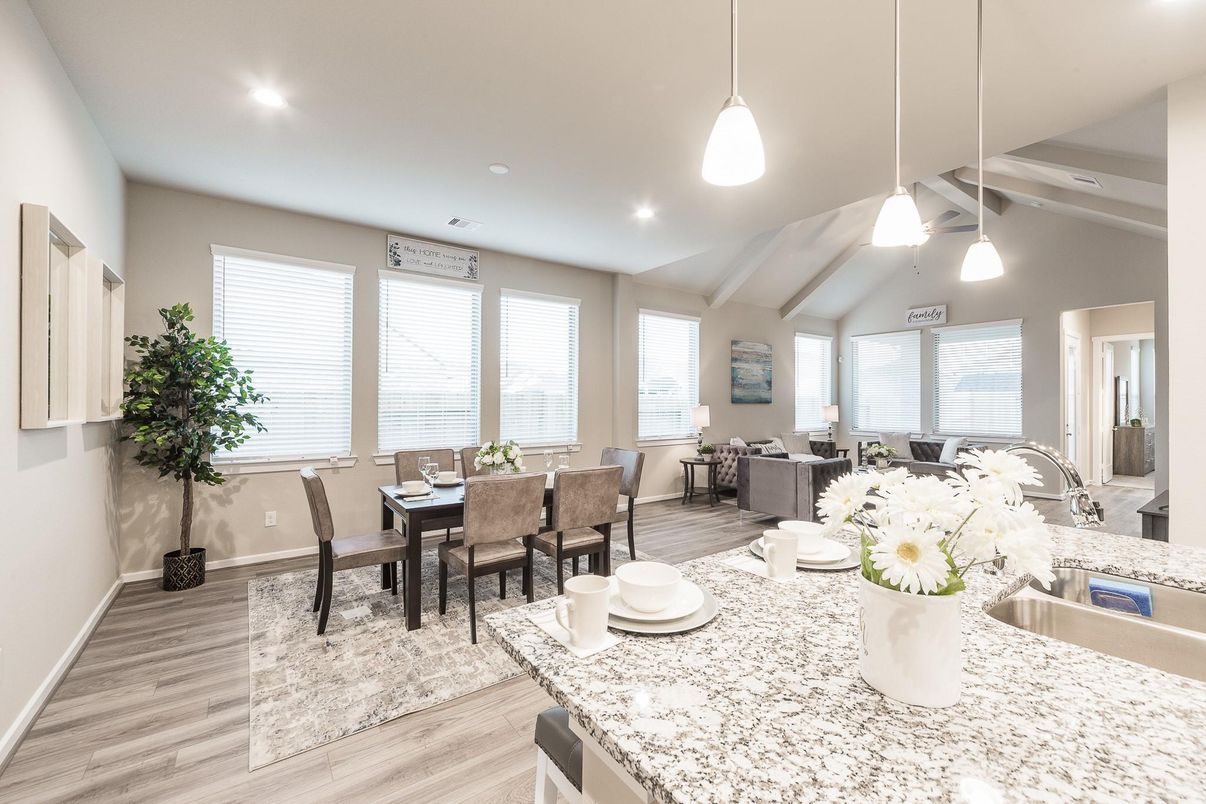 Dining room, Interior, Living room, Pendant Lights, Recessed Lighting, Wood Texture Flooring