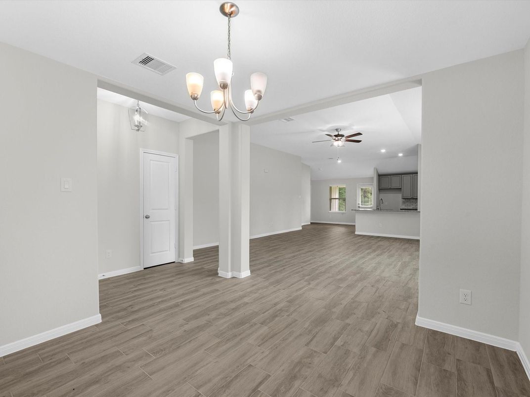 Chandelier, Empty room, Interior, Kitchen, Recessed Lighting, Wood Texture Flooring