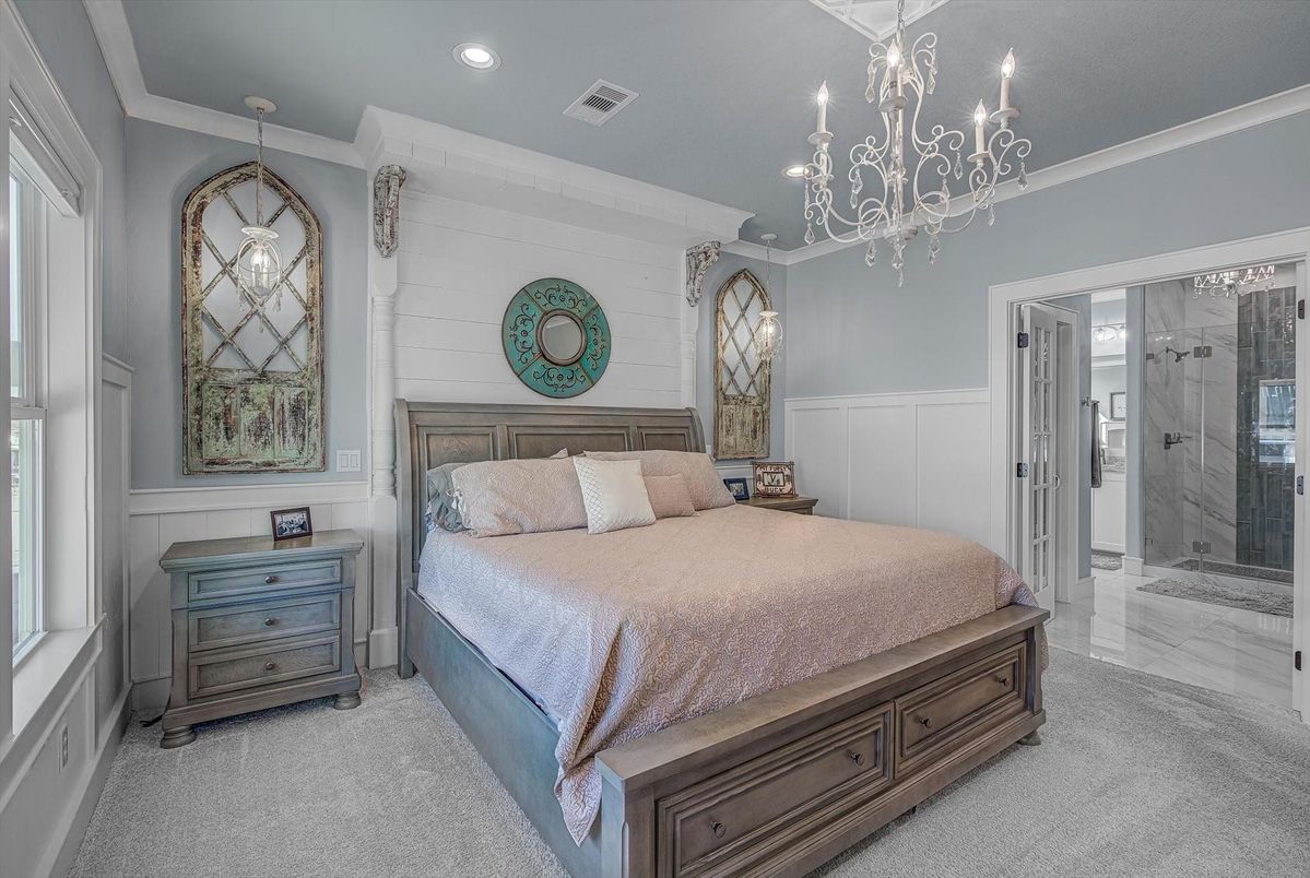 Bathroom, Bedroom, Chandelier, Glass Shower, Interior, Recessed Lighting