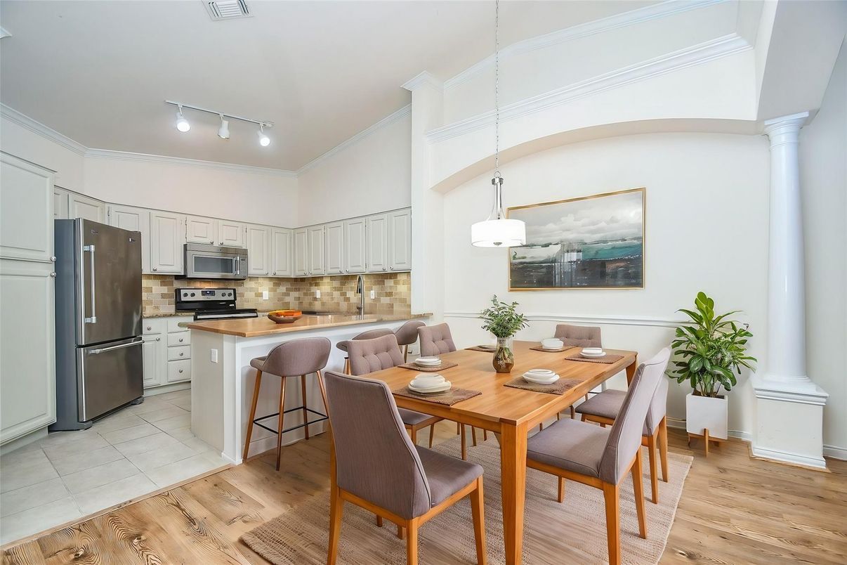 Dining room, Interior, Kitchen, Pendant Lights, Wood Texture Flooring