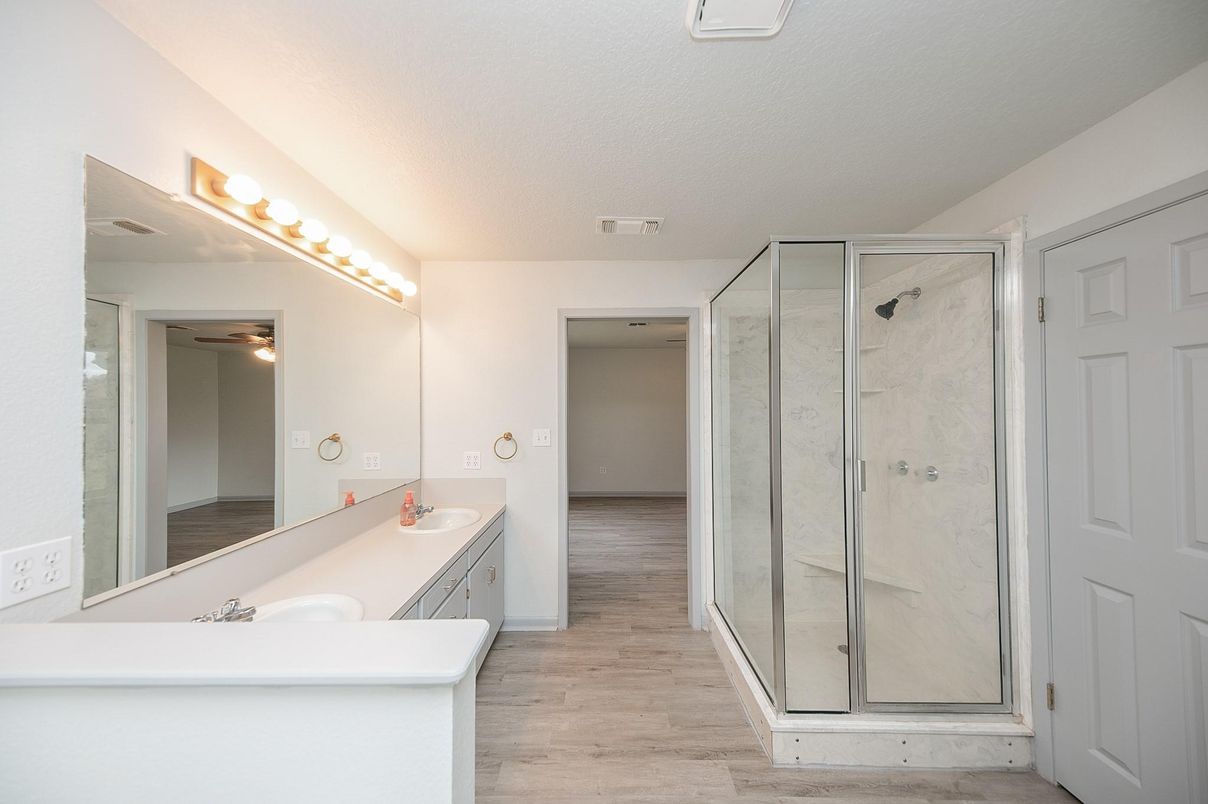 Bathroom, Glass Shower, Interior, Wood Texture Flooring