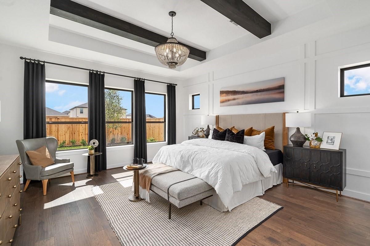 Bedroom, Chandelier, Interior, Pendant Lights, Wooden Beams, Wood Texture Flooring