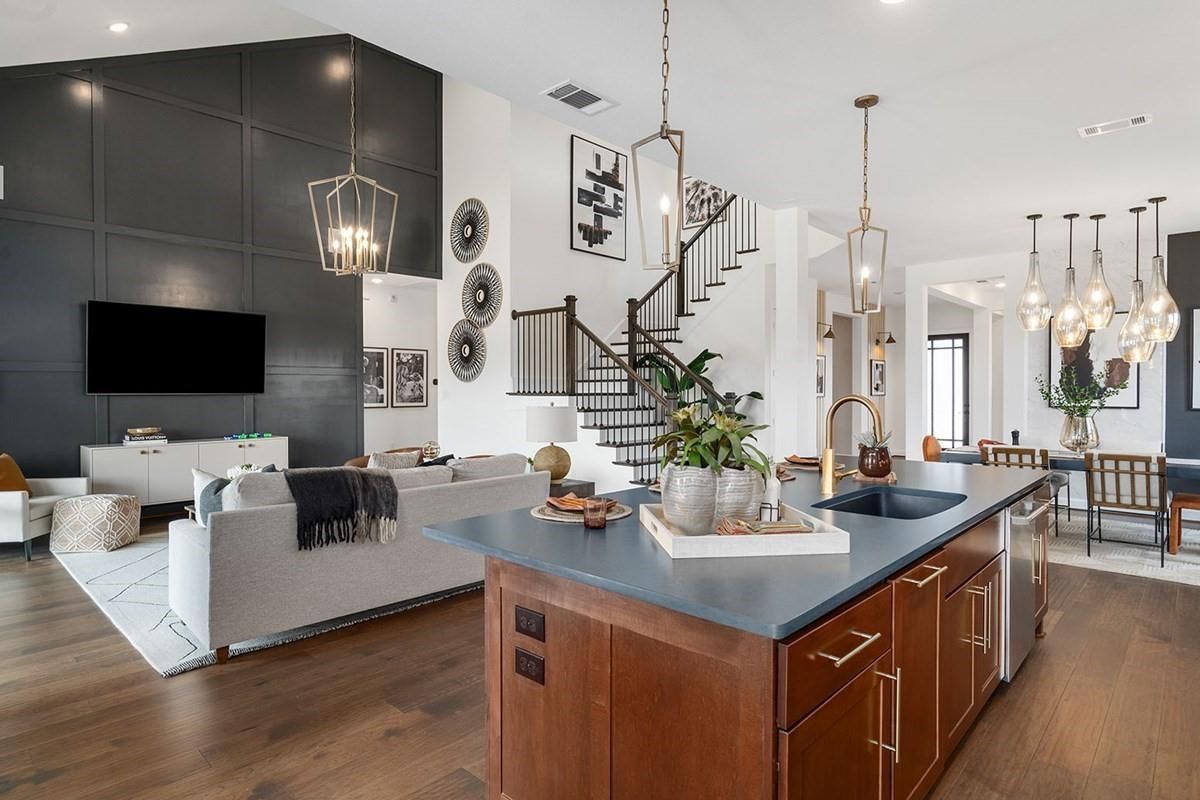 Dining room, Interior, Kitchen, Living room, Pendant Lights, Recessed Lighting, Wood Texture Flooring