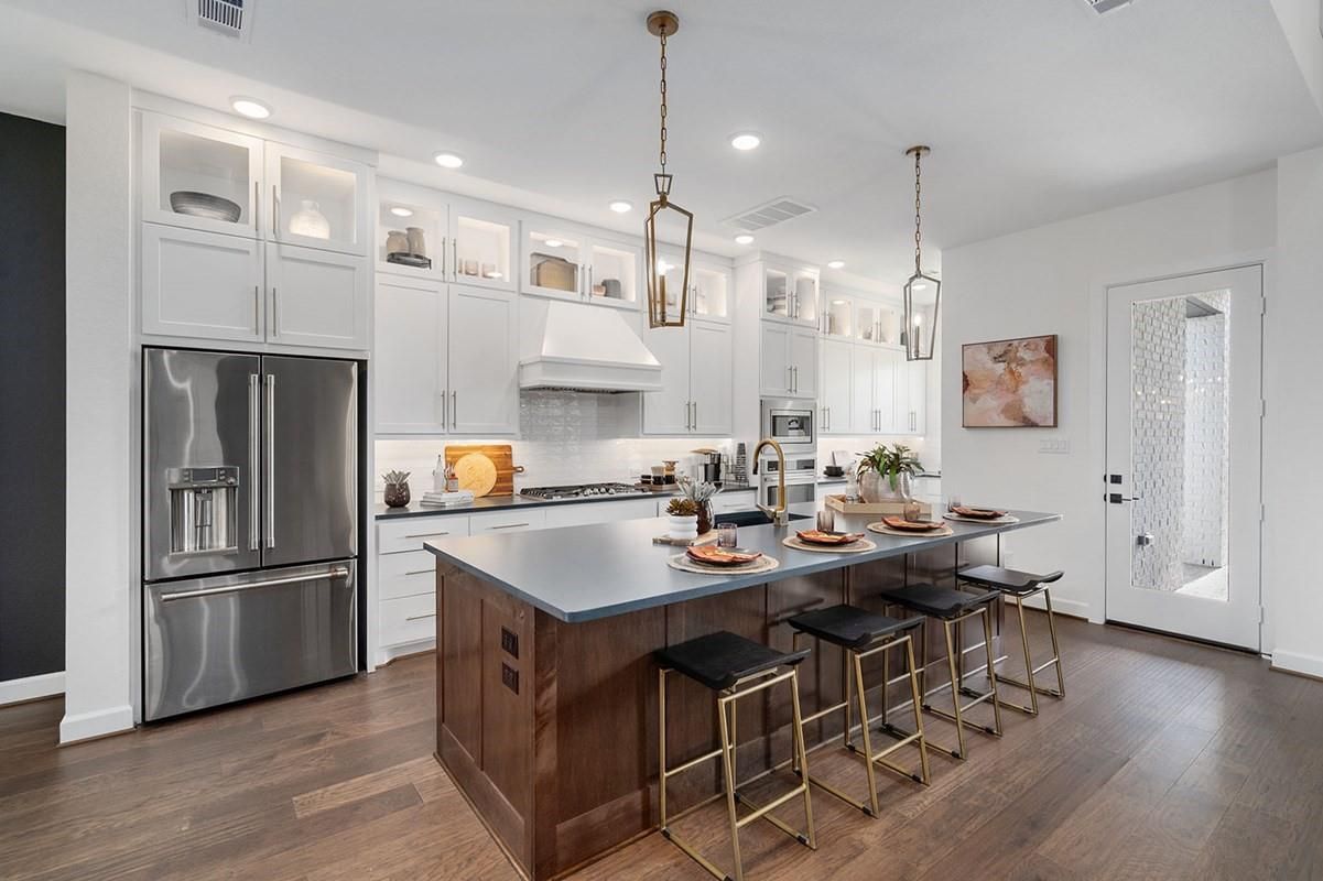 Interior, Kitchen, Pendant Lights, Recessed Lighting, Stainless Steel Appliances, Wood Texture Flooring