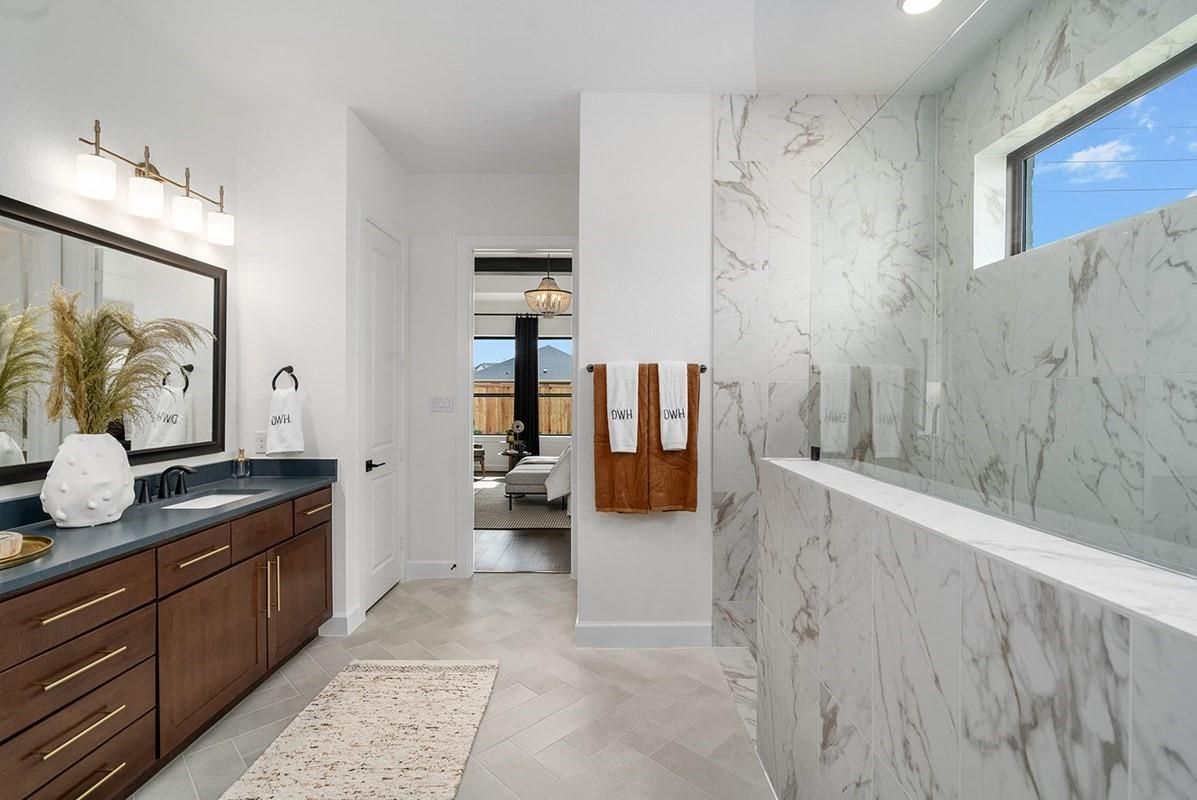Bathroom, Dual Sink Vanities, Glass Shower, Interior, Marble Walls, Recessed Lighting