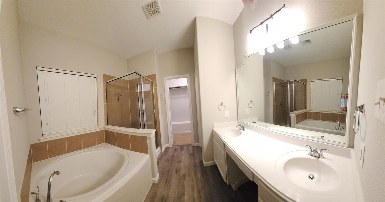 Bathroom, Dual Sink Vanities, Glass Shower, Interior, Wood Texture Flooring