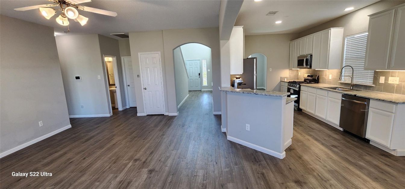 Interior, Kitchen, Recessed Lighting, Stainless Steel Appliances, Wood Texture Flooring