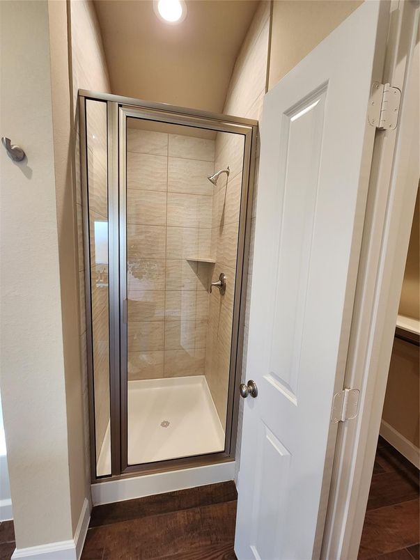 Bathroom, Glass Shower, Interior, Recessed Lighting, Wood Texture Flooring
