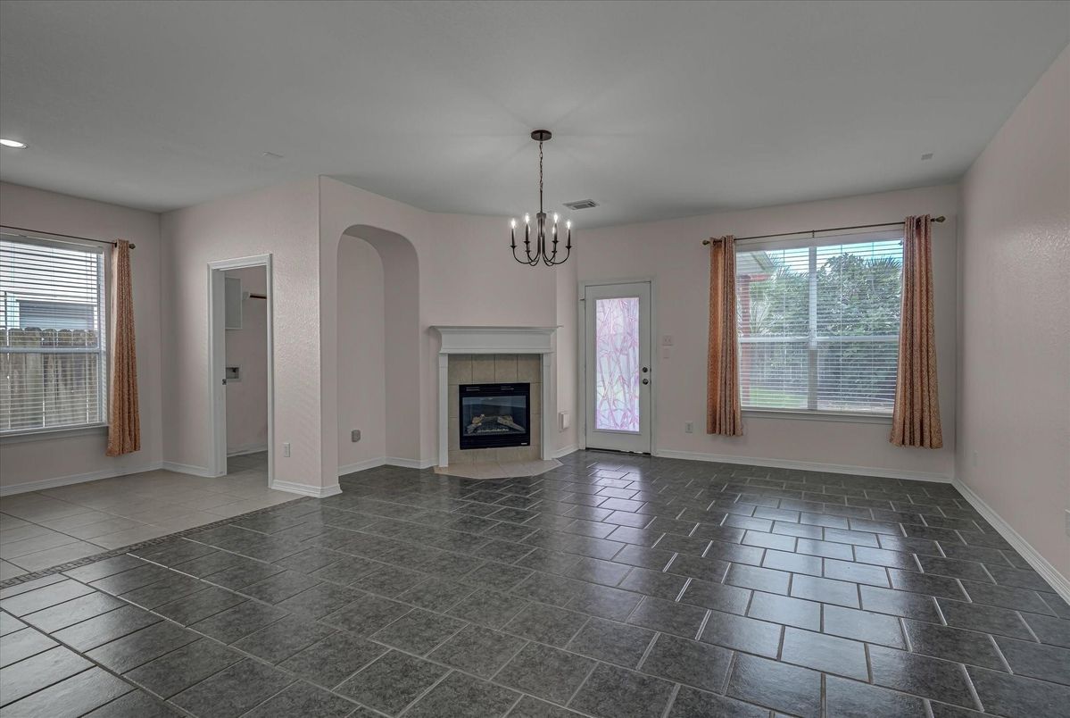 Chandelier, Empty room, Fireplace, Interior, Recessed Lighting