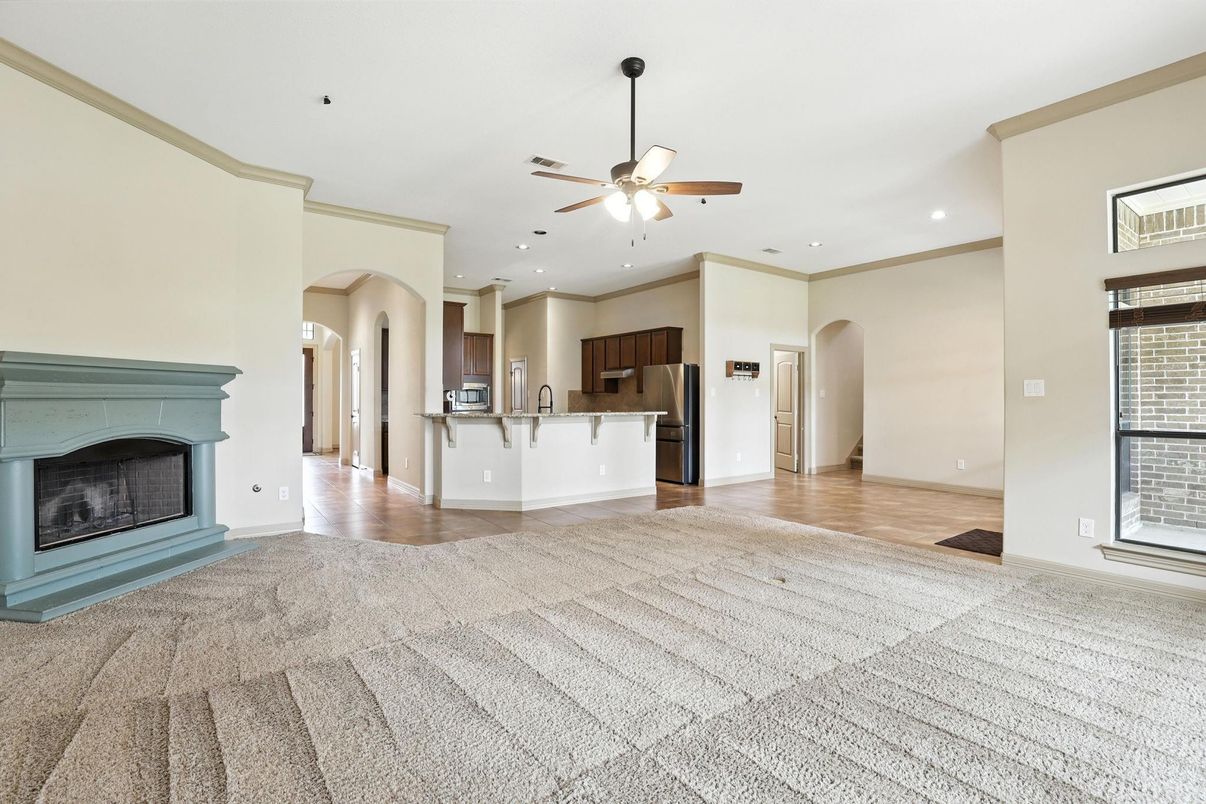 Empty room, Fireplace, Interior, Kitchen, Recessed Lighting, Wood Texture Flooring