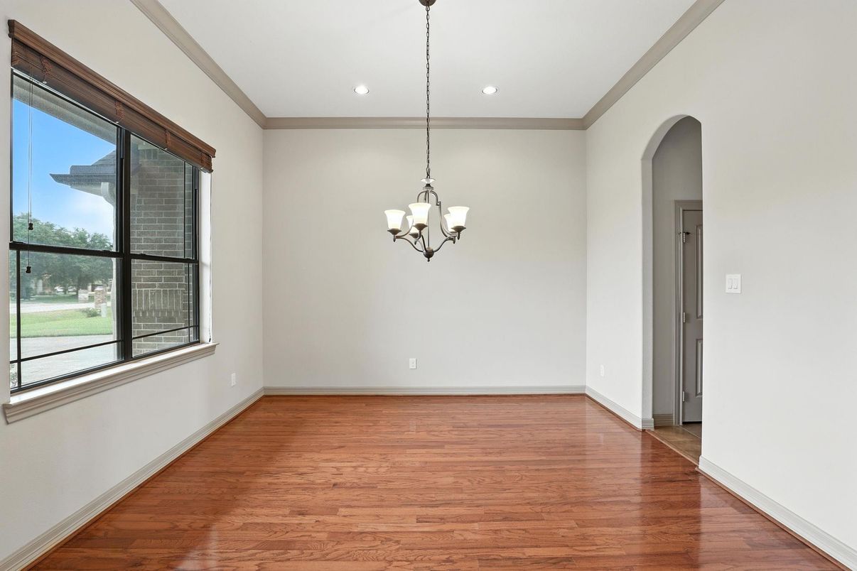 Chandelier, Empty room, Interior, Recessed Lighting, Wood Texture Flooring