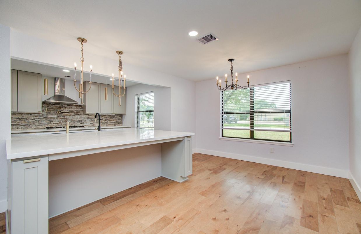 Chandelier, Empty room, Interior, Kitchen, Pendant Lights, Recessed Lighting, Wood Texture Flooring