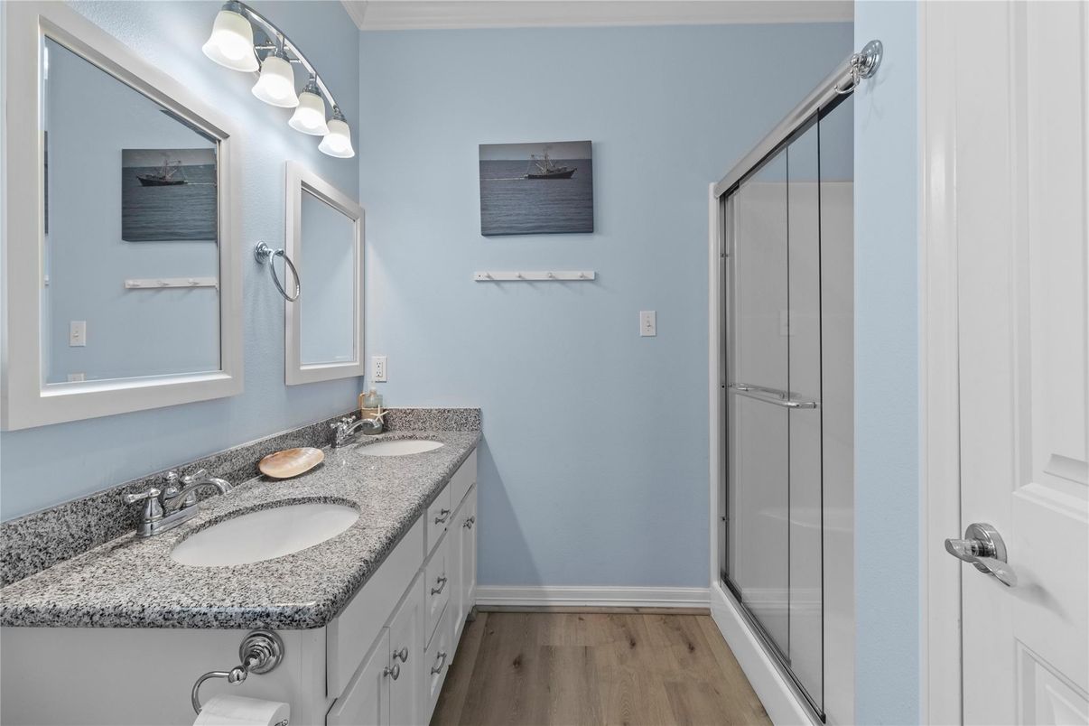 Bathroom, Dual Sink Vanities, Glass Shower, Interior, Wood Texture Flooring