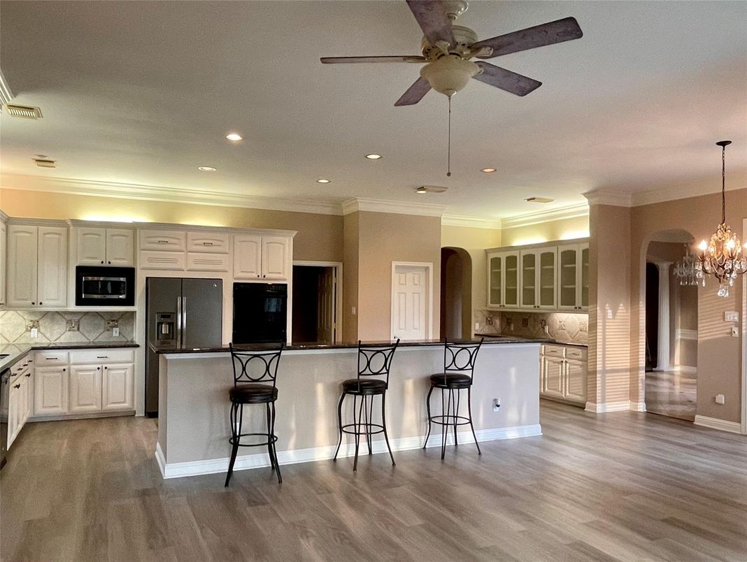 Chandelier, Interior, Kitchen, Recessed Lighting, Wood Texture Flooring